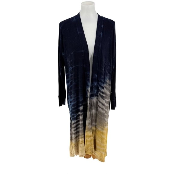 River + Sky Tie-Dye Midi Duster Cardigan Open Front Long Sleeves Navy Yellow Omb - Picture 2 of 6